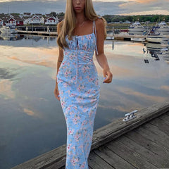 Elastic Bow Tie Shoulder Garden Floral Ruched Summer Maxi Dress