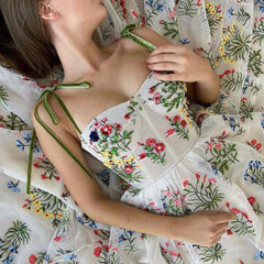 Bohemian Floral Flower Embroidered Mesh Bodice Dress Formal Prom Gown
