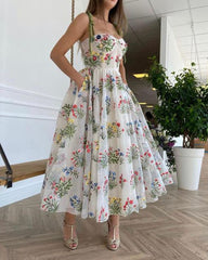 Bohemian Floral Flower Embroidered Mesh Bodice Dress Formal Prom Gown