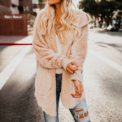 Fur Lined Faux Fur Fuzzy Long Hooded Cardigan With Pockets