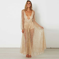 Gitter Sequins Deep Plunge Tie Waist Long Sleeve Sheer Mesh Dress