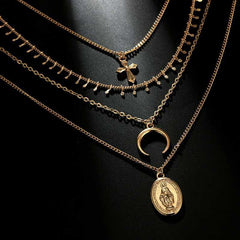 Gold Madonna Goddess Coin Crescent layered Necklace Set