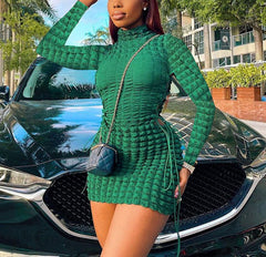 Elastic Fit Side Criss Cross Ruched Long Sleeve Turtleneck Jumper Bodycon Dress