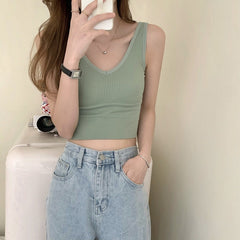 Contrast Banding Trimmed Ribbed Thick Strap V-Neck Crop Top Tank Top