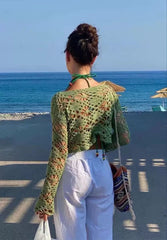 Cute Crochet Knit Flower Mesh Long Sleeve Crop Top Blouses