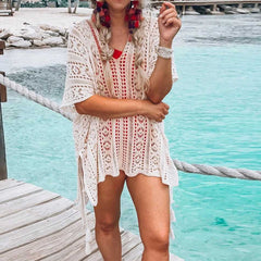 Handmade Boho Crochet Knitted Short White Beach Cover Ups Dress