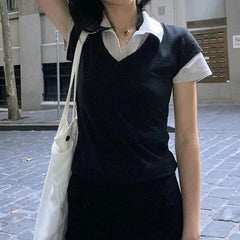 Casual Fake Two Piece Short Sleeve Shirt With Collar