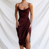 Cowl Neck Satin Slip Thigh Split Leg Midi Dress