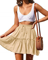 Classic Tie Front High Waisted Elastic Waist Ruffle Skirt