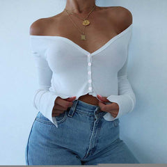 Casual Ribbed Off The Soulder Cropped Button Up Knit Tops For Ladies