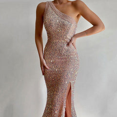 Iridescent Rose Sparkly Sequin One Shoulder High Slit Fitted Gown Dress