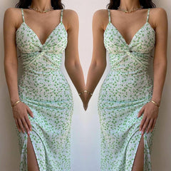 Hawaiian Vacation Twisted Garden Party Floral Long Dress With Slit On The Side