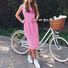 College Slimming Tie Waist Button Up Vertical Striped Midi Sundress