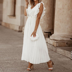 Classic Flutter Ruffle Sleeve Pleated Chiffon Maxi Occasion Dress