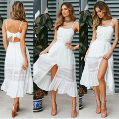 Elegant Eyelet Lace Tie Knot Back Sleeveless Button up Midi Dress