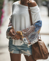 Boho Chic Oversized Patchwork Knitted Sweater With Chiffon Sleeves