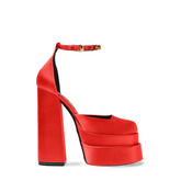 Red Satin Double Platform Ankle Strap Sandals