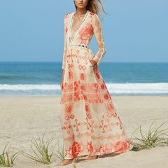 Hippie Gypsy Deep Plunging Hipster Chiffon Long Sleeve Floral Long Beach Dress