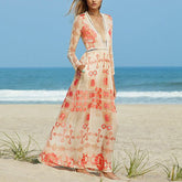 Hippie Gypsy Deep Plunging Hipster Chiffon Long Sleeve Floral Long Beach Dress