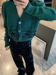 Cystal Embellished Alpaca Wool Blend Stars Knitted Cardigan Coat