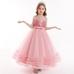 Children Pink Mesh Sequin Girls Cascade Ruffle Formal Prom Princess Ball Dresses