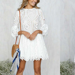 Casual Scalloped Trim Hemline Eyelet Lace Swing Dress