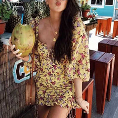 Chiffon Floral Ruffle Hem Runched Lace Up Dress Short