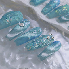 Beach Themed The Little Mermaid Nails Cateye Acrylic Press Ons