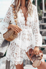 Handmade Beach Wedding Dress White Sheer Mesh Lace Beach Cover Up Dress