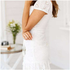 Elegant Criss Cross White Lace Eyelet Dress Puff Sleeve