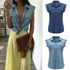 Casual Button Up Sleeveless Denim Shirt Blouses