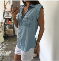 Casual Button Up Sleeveless Denim Shirt Blouses