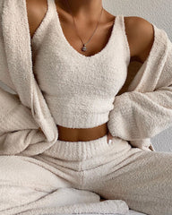 Matching Fuzzy Two piece Crop Tank Top And Fleece Pant Set
