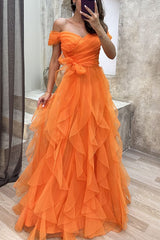 Formal Off Shoulder Ruffles Layered Tulle Gown Dress