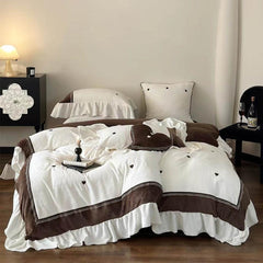 Velvet Heart Embroidery Ruffle Bedding Set - Cream White