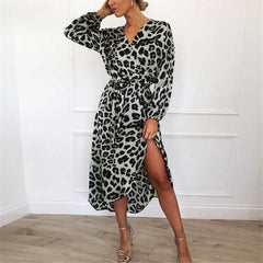Classy Retro Asymmetric Long Sleeve Wrap Tie Leopard Midi Dress Bodycon