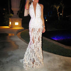 Hollow Out 3D Petal plunging neckline White Backless Dress Open Backs