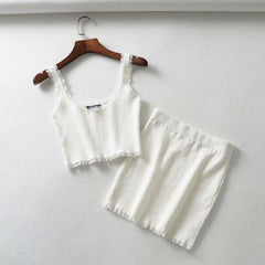 Classic Ribbed Lace Trimmed Crop Top And High Waisted Skirts