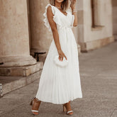 Classic Flutter Ruffle Sleeve Pleated Chiffon Maxi Occasion Dress