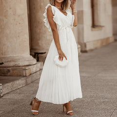 Classic Flutter Ruffle Sleeve Pleated Chiffon Maxi Occasion Dress