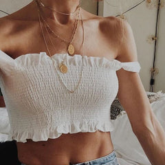 Curved Hem Trimmed Scrunch Tie Up Shoulder Ruched Crop Top Tanks