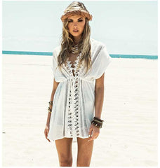 Beach Trip Honeymoon Deep V Neck White Crochet Lace Beach Dress Cover Ups