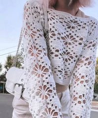 Cute Crochet Knit Flower Mesh Long Sleeve Crop Top Blouses