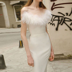 Couture White Feather Trim Cocktail Midi Strapless Dess With Feathers