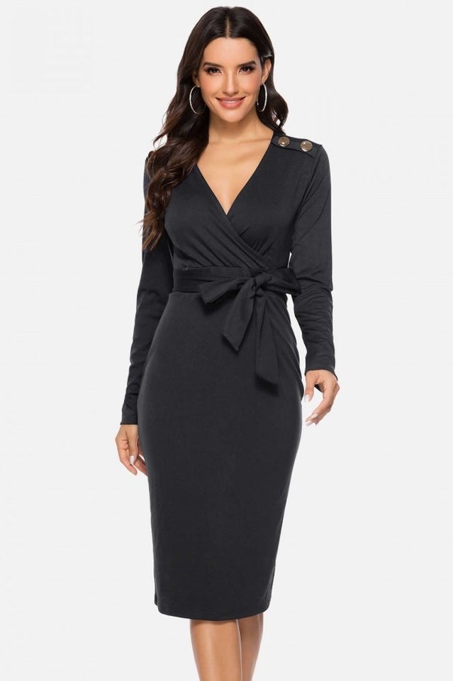 V Neck Wrap Tied Waist Slit Dress