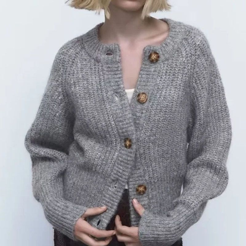 Grey Ribbed Knit Cardigan Round Neck Button Sweater Knitwear