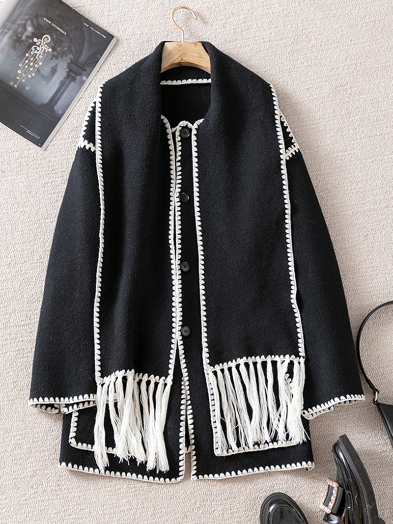 Embroie Draped Fringed Tassel Wool Blend Scarf Jacket Outerwear