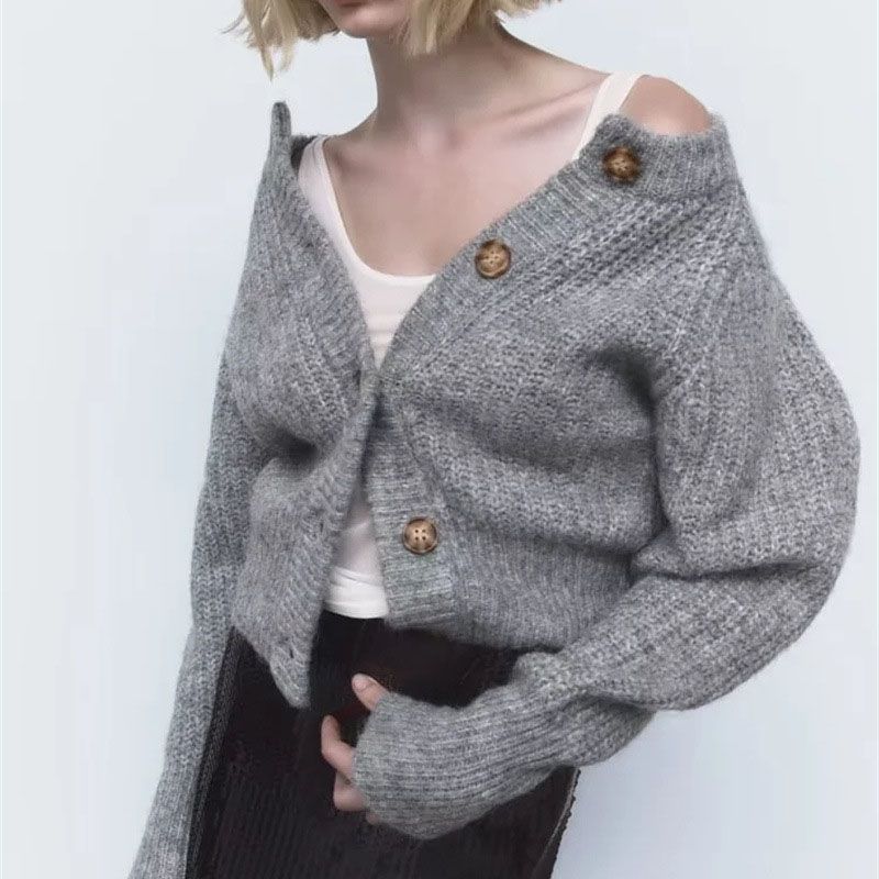 Grey Ribbed Knit Cardigan Round Neck Button Sweater Knitwear