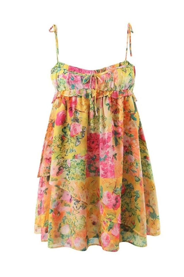 Chiffon Floral Print Empire Waist Mini Dress