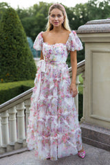 Floral Tulle Puff Sleeve Bow Tie Maxi Dress